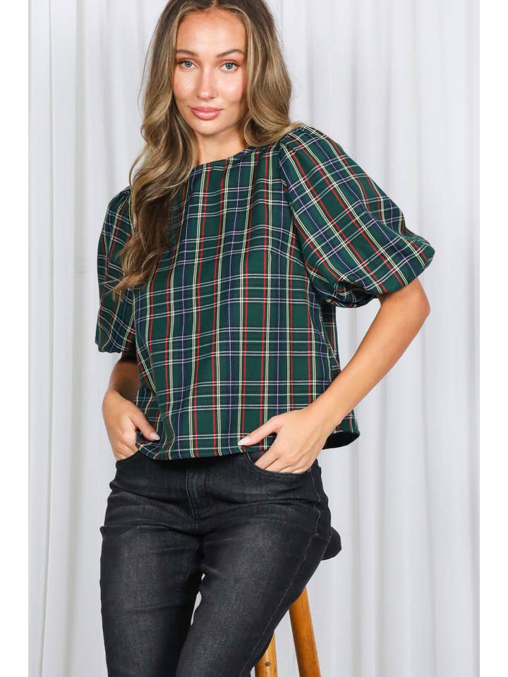 Vine & Love - Wholesale Blouse - Women's - V-Back 2 Bow Accent Feminine Plaid Blouse Top VT82621A26