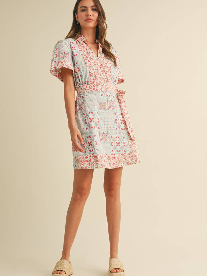 &MERCI - Wholesale Dress - Women's - MIXED PRINT FAUX WRAP MINI DRESS MDR4038
