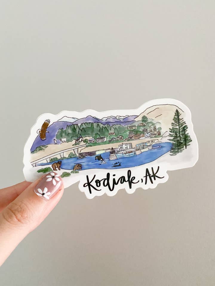 Autocollant de la ligne d'horizon de Kodiak, AL Alaska - Grand 5po x 2po pour la vente par Thirteenwinks