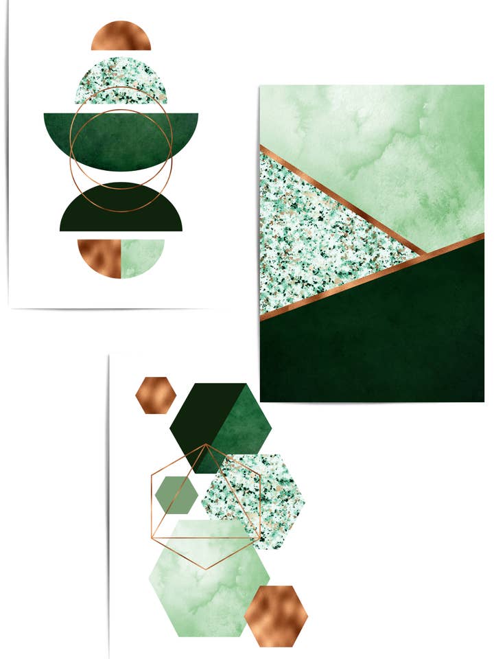 Sæt med 3 grønne og kobber vægkunsttryk for engroshandel hos THE WALL HABITAT