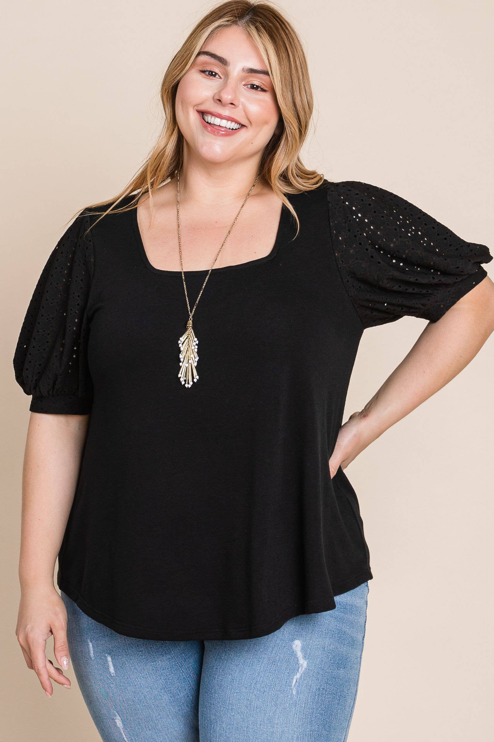 Sort ETK-8820-PL Plus Størrelse Øje Boble ærmer Solid Strik Top for engroshandel på Faire3