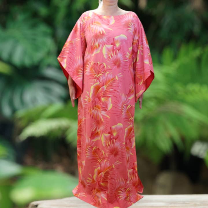 Kimono Sleeve Hawaiian Dress With Slit Design - Peach Fan Palm Leaf 2656 for wholesale by Muumuu Rainbow / DBA Princess Kaiulani Fashions