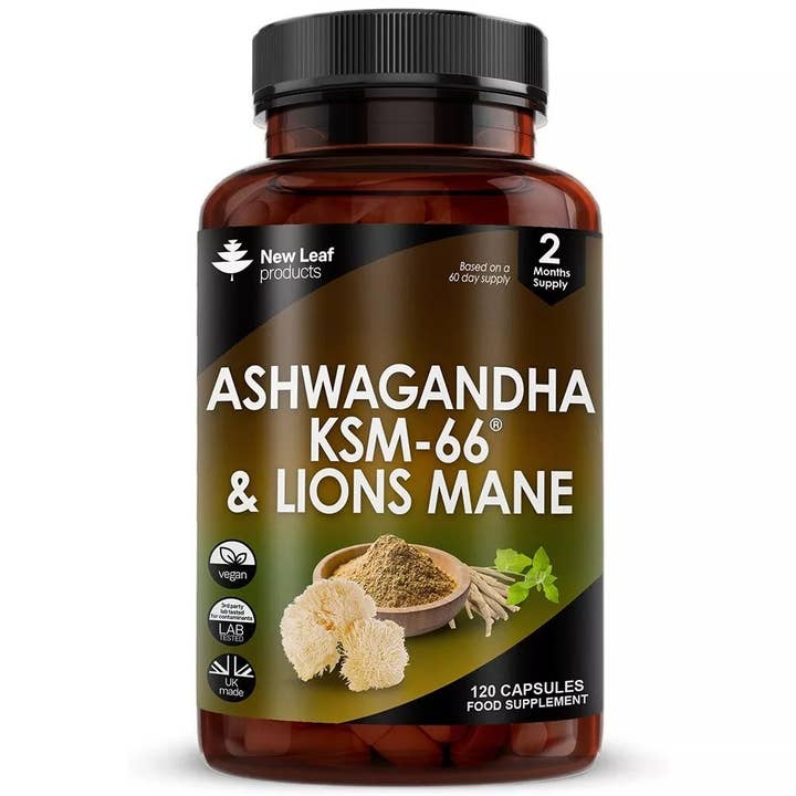 Ashwagandha KSM-66 & Lions Mane, 120 Capsules + Black Pepper for wholesale by New Leaf products Ltd