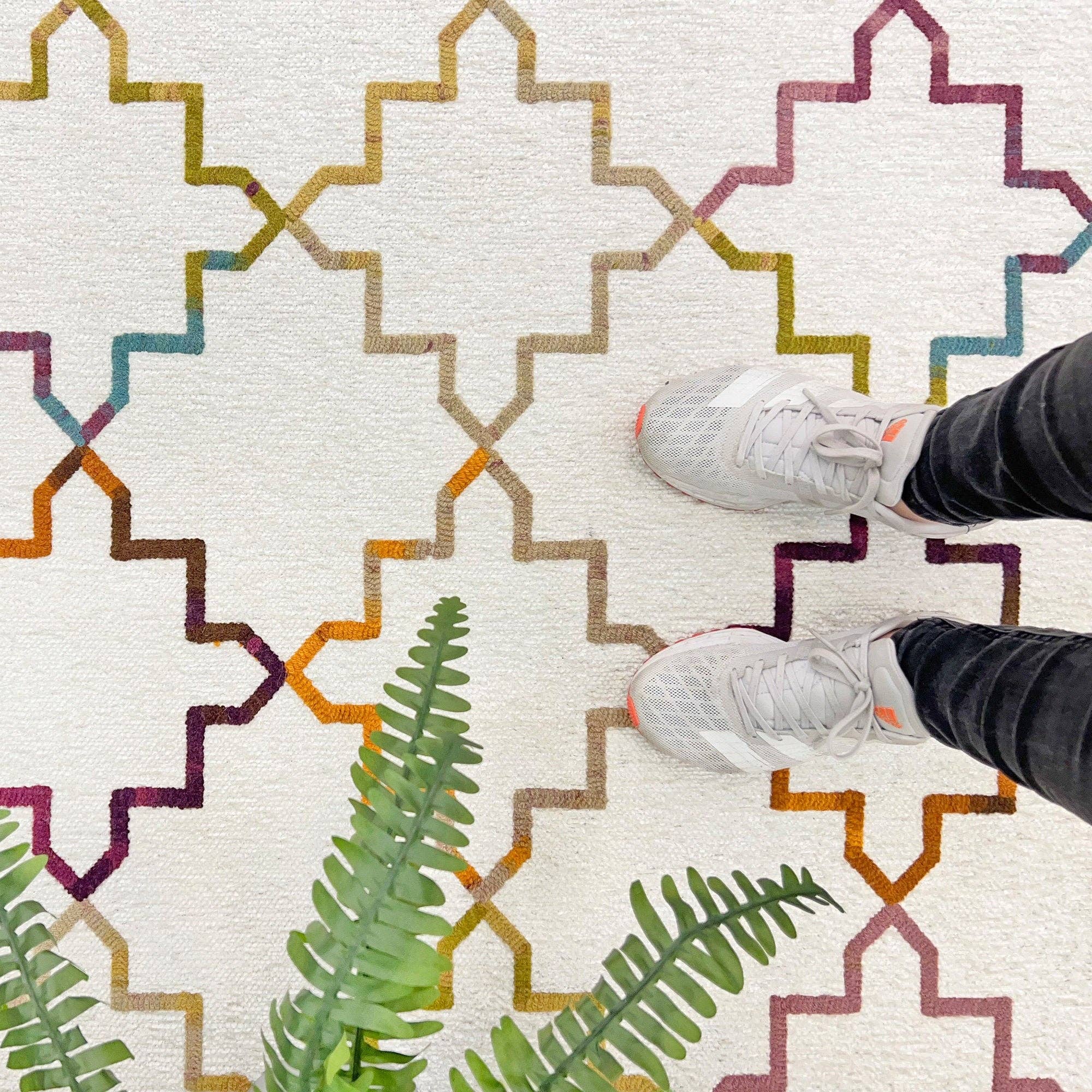 Alfa Rich Inc – wholesale Matta – Marockansk diamantlänkmatta, vit grädde flerfärgad matta, tvättbar bomullsmatta, lätt ren husdjursvänlig matta, estetisk boho-matta, geometrisk matta3