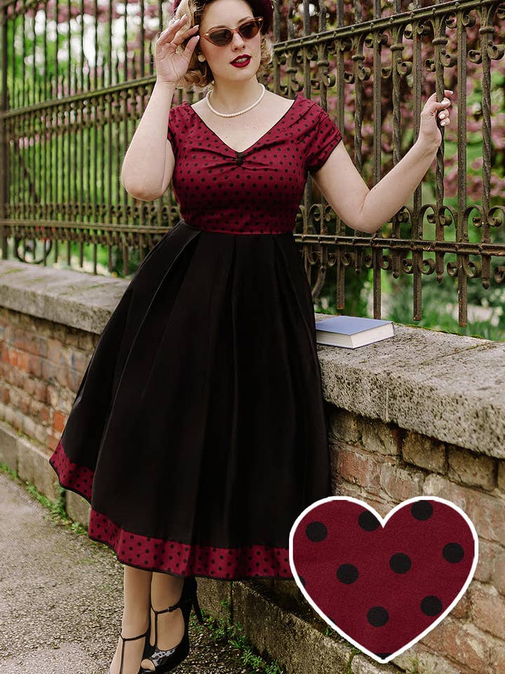 Lily Off Shoulder Burgundy Polka Dot Swing Dress for wholesale by Dolly & Dotty