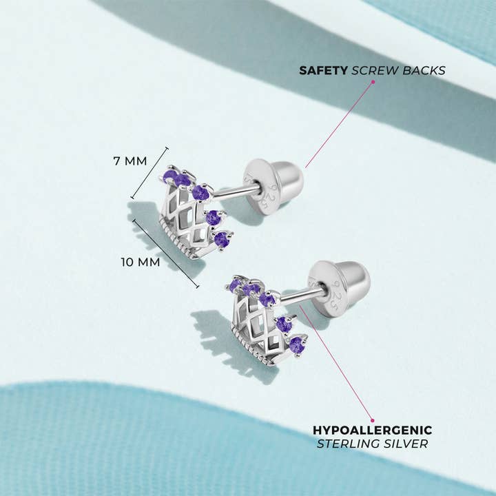 In Season Jewelry - Wholesale Earrings - Kids - 5 Point CZ Crown Baby / Toddler Earrings - Sterling Silver15