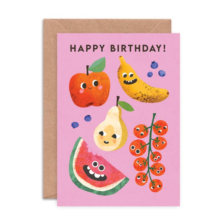 Fruit Faces Birthday Card | Cute Food Themed Greeting Card for wholesale by Emily Nash Illustration Greeting Cards