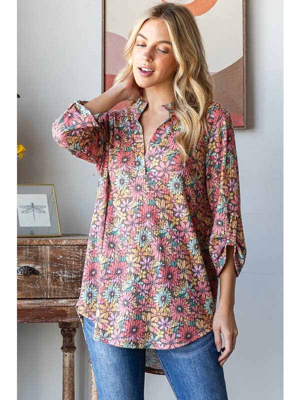 MOCHA MULTI ST1002-108 THREE QUARTER BUTTON SLEEVE MANDARIN FLORAL TOP for wholesale on Faire