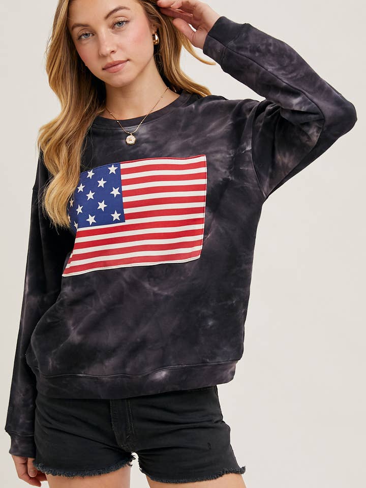 Bluivy - Wholesale Sweatshirt - Women's - US FLAG TIE-DYE SWEATSHIRT PULLOVER - 4TH OF JULY