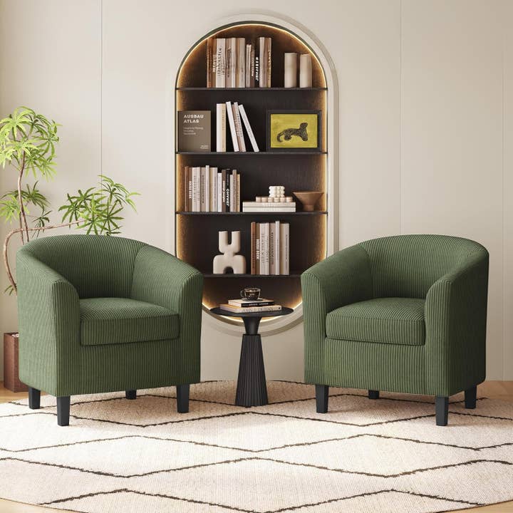Corduroy Barrel Chairs Set of 2, Upholstered Club Chairs Accent Chairs, round Armchairs Waiting Room Chairs with Soft Cushion for Living Room Bedroom Reading Room, Dark Green for wholesale on Faire1