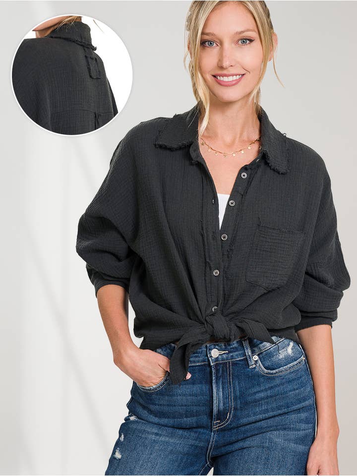 42POPS - Wholesale Button Down Shirt - Women's - ,....SI-23630 Oversized Raw Edge Shirt W/ Back Patch