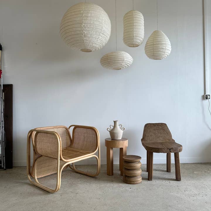 Office Objets - Venta al por mayor Lámpara de araña y colgante - Lámpara colgante media de ratán y lino natural estilo japonés ovalada y aplanada H30 D45