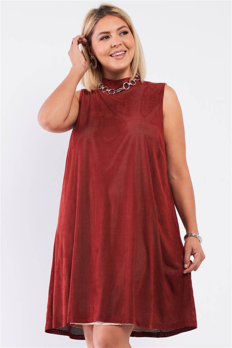 CC Wholesale Clothing – Engroshandel Kjole - Dame – Plus Size Rust og Nude Illusion High Neck Swing Kjole0