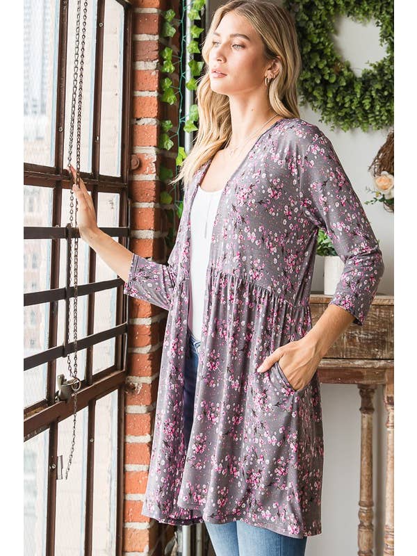 CHARCOAL SJ1082-17 FLORAL OPEN CARDIGAN WITH SHIRRING for wholesale on Faire1