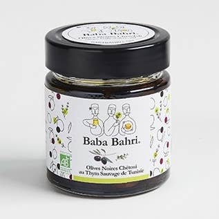 olive nere Chetoui biologiche con olio d'oliva e timo selvatico per la vendita all'ingrosso da parte di Baba Bahri