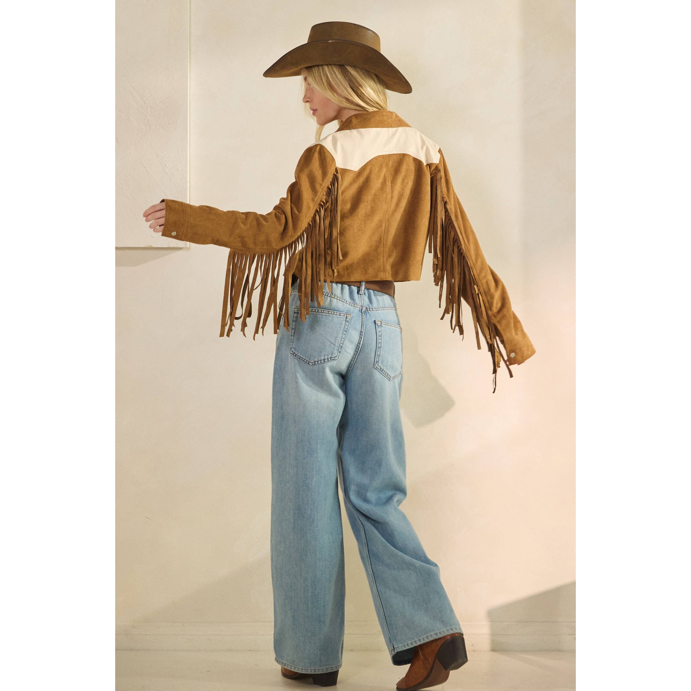Camel Suede Jacket with Fringe Detail for wholesale on Faire25