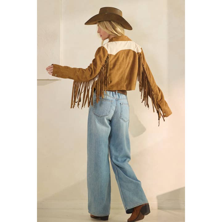 Camel Suede Jacket with Fringe Detail for wholesale on Faire25