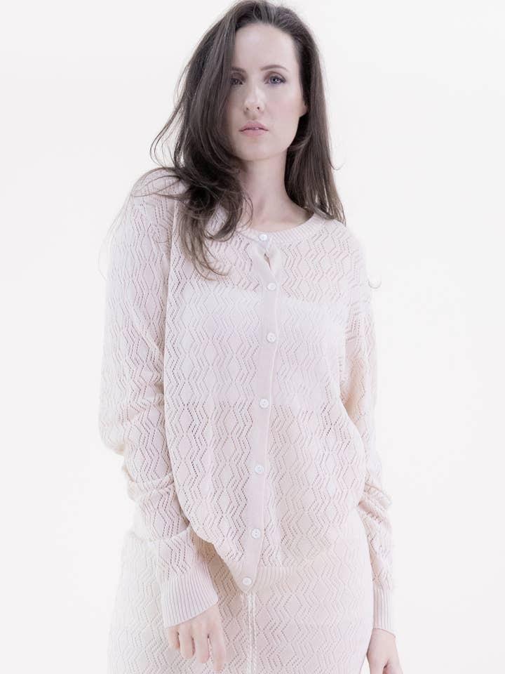 Zig Zag Pointelle Buttoned Long Sleeve Cardigan for wholesale by Original USA