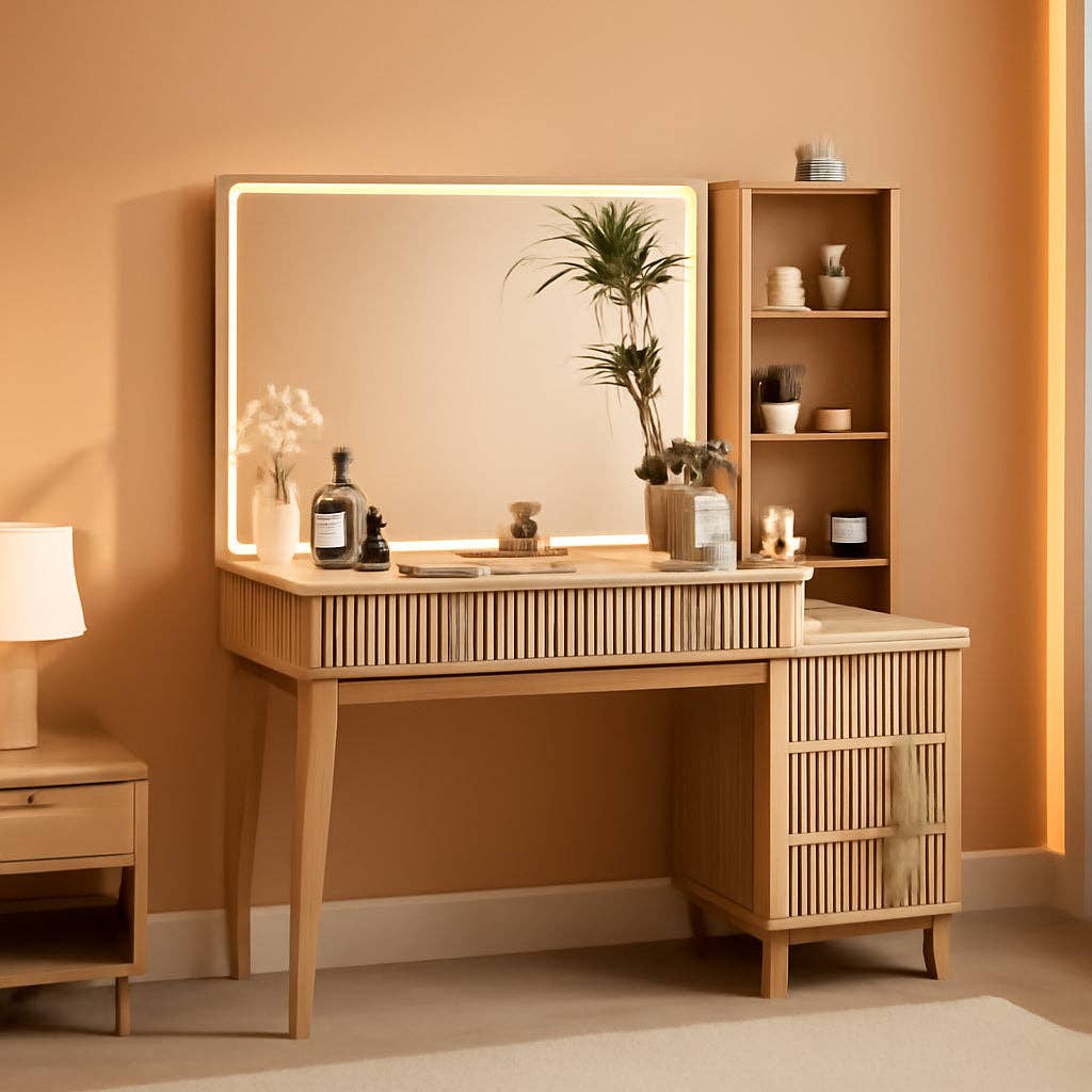 ShipItFurniture - Wholesale Vanity Mirror - Oak Fluted Makeup Vanity 48 Inch With Lighted Mirror0