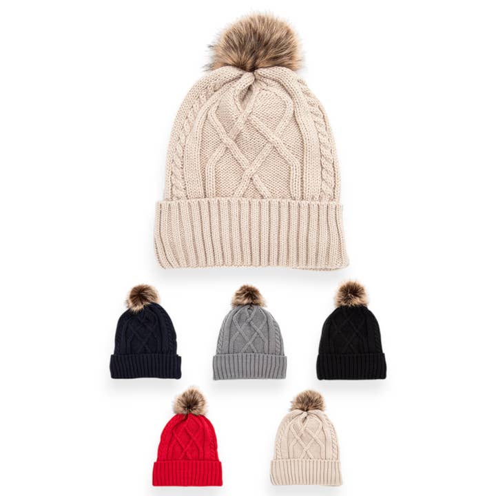 Raised Knit PomPom Beanie Set for wholesale by LA Jewelry Plaza