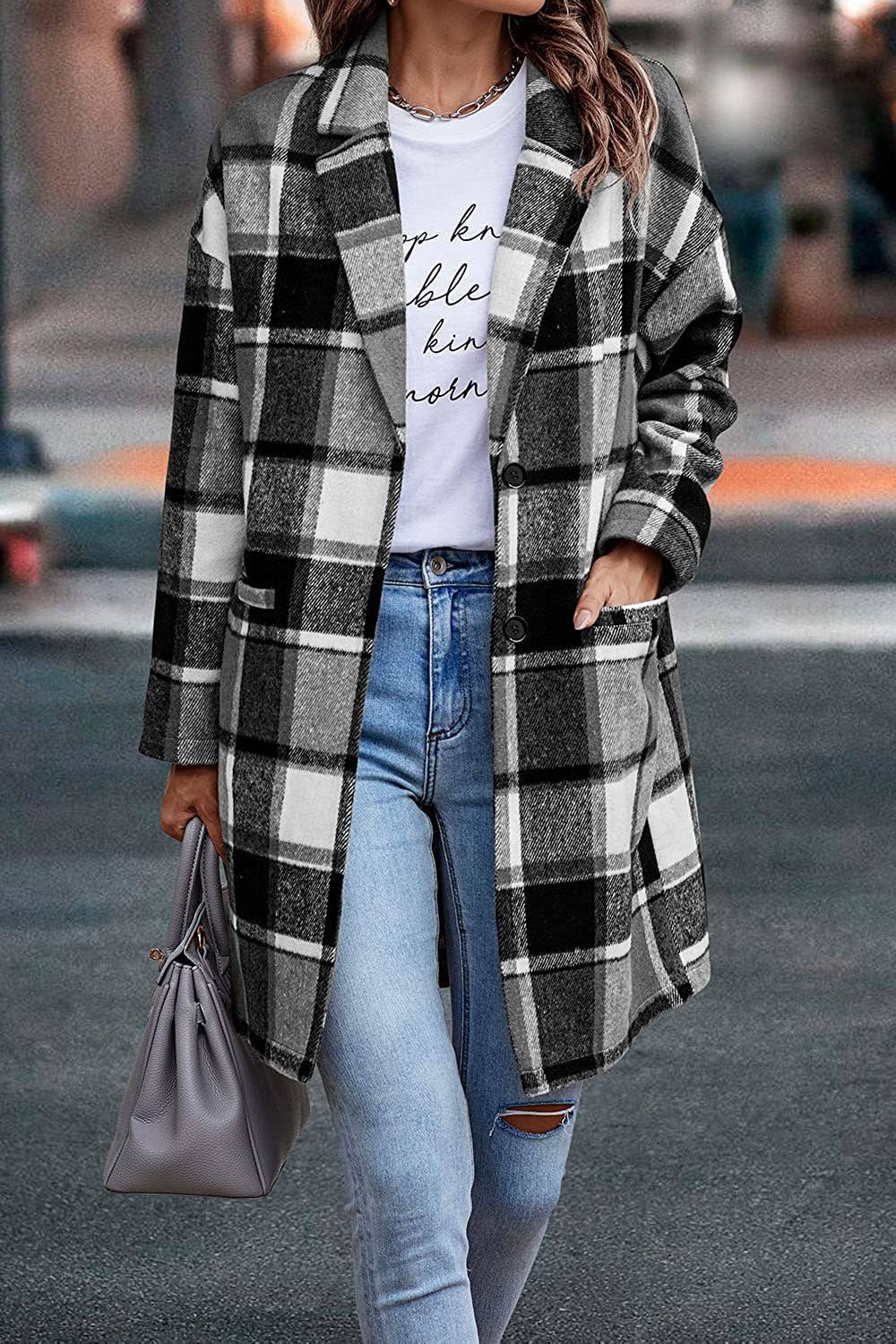 Rosa Clothing - Wholesale Shirt Jacket/Shacket - Women's - Long single-breasted lapel plaid tweed shacket0