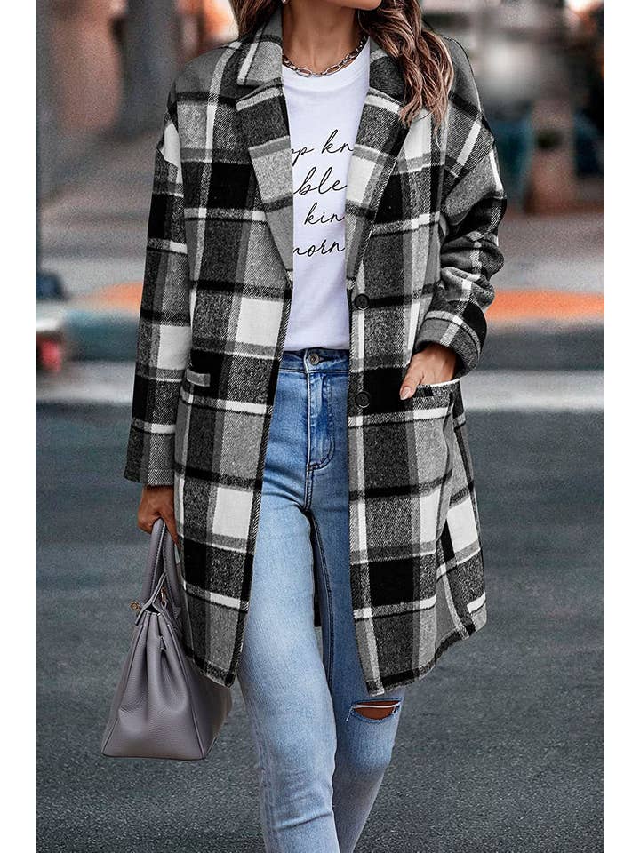 Rosa Clothing - Wholesale Shirt Jacket/Shacket - Women's - Long single-breasted lapel plaid tweed shacket