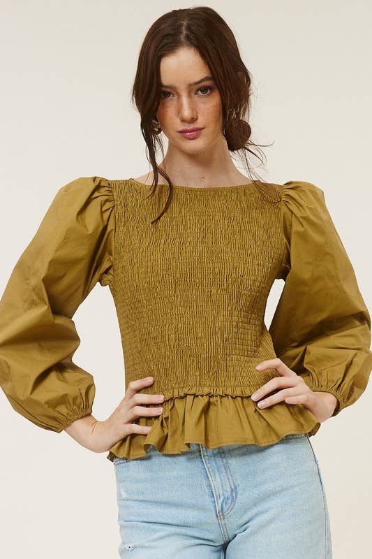 Mimosa - Wholesale Blouse - Women's - Puff Sleeve Ruched Peplum Blouse4