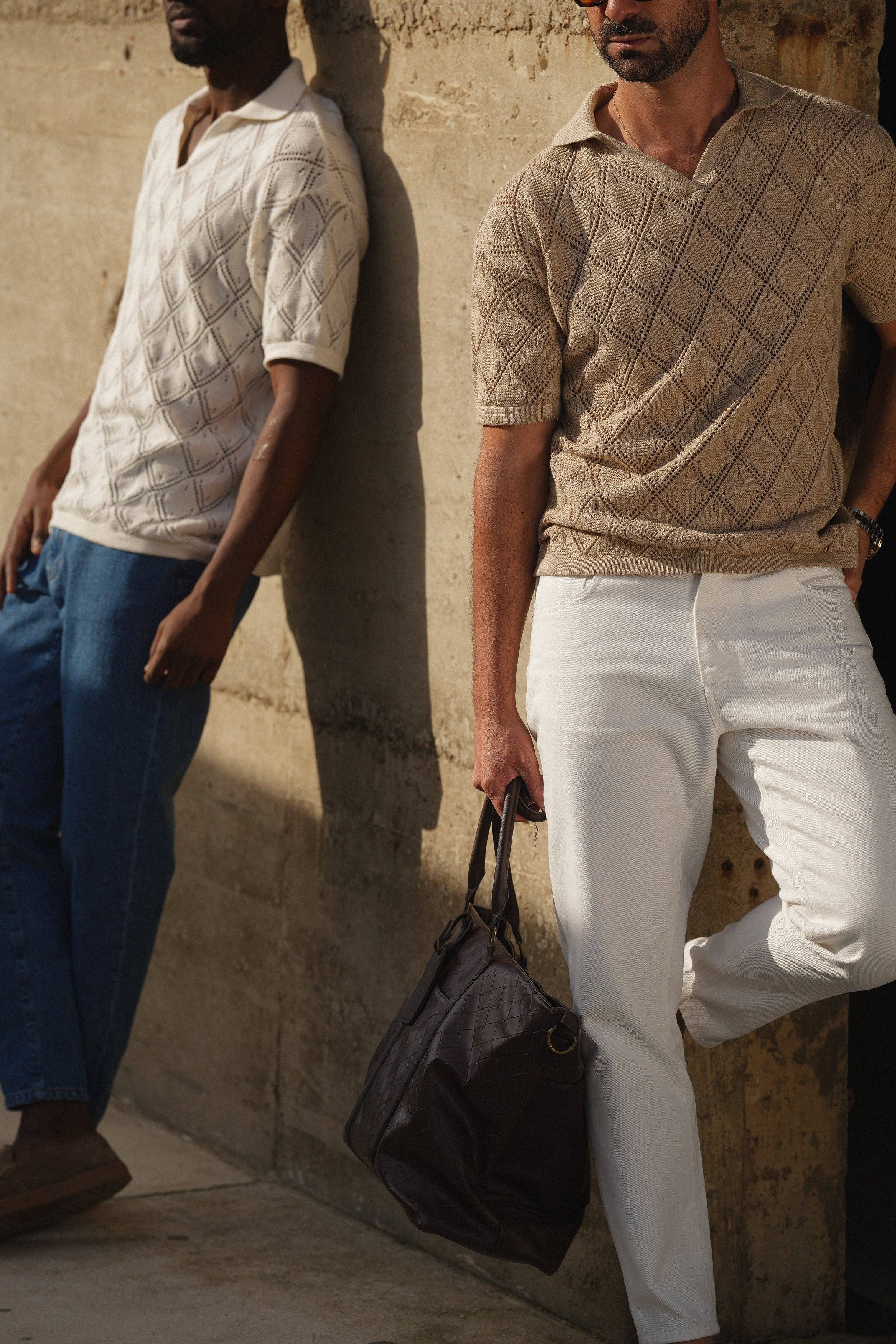 DONATO - Wholesale Polo - Men's - POLO GEOMETRIC DESIGN OPEN-COLLAR TAUPE SHIRT11