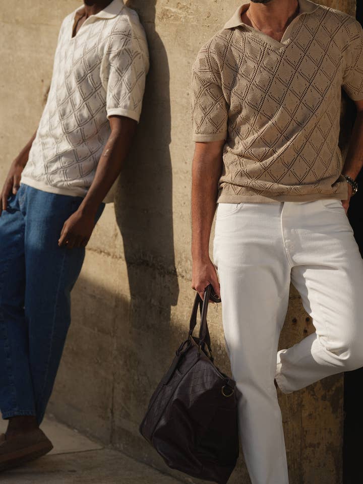 DONATO - Vendita all'ingrosso Polo - Uomo - CAMICIA POLO A COLLO APERTO CON DESIGN GEOMETRICO COLOR TORTORA11