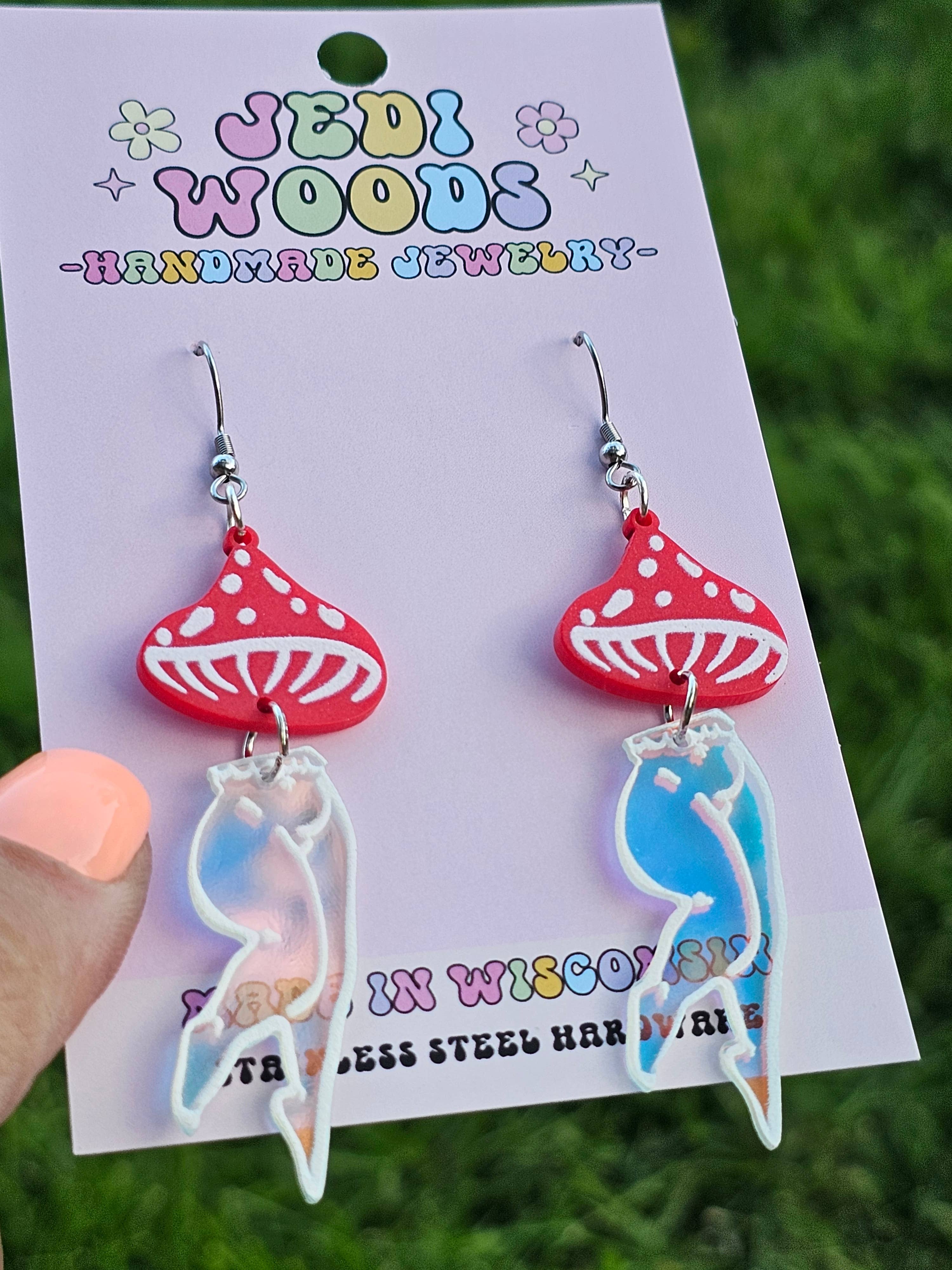 Jedi Woods LLC - Wholesale Dangle Earrings - Mushroom Lady Earrings with Red and Irredescent Acrylic3