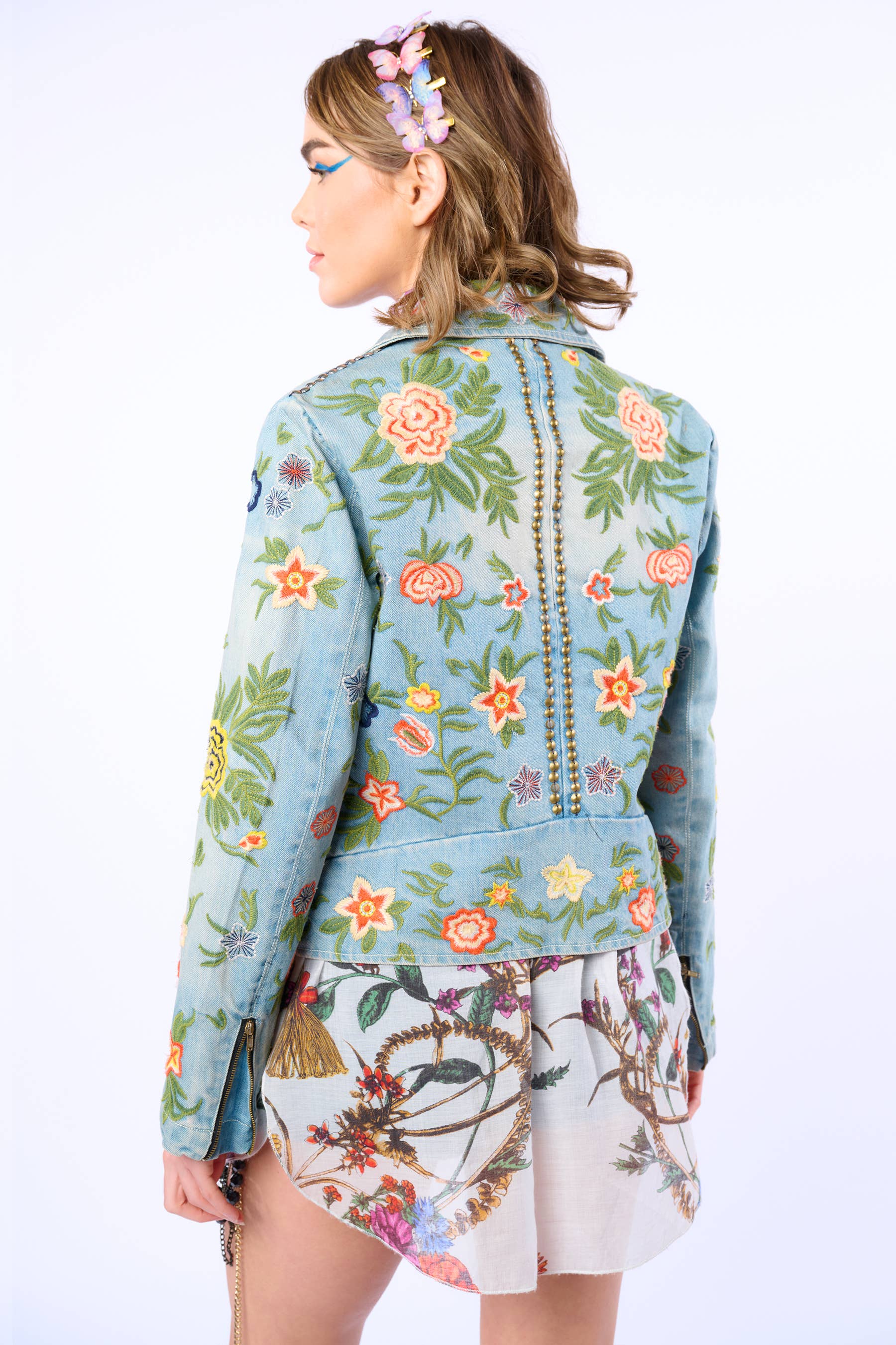 Lucinda Embroidered Denim Motorcycle Jacket for wholesale on Faire15