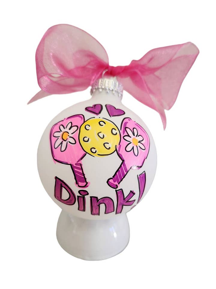 Pickle ball Hand Painted Glass Ball Ornament PINK for wholesale by Kirsten in Color