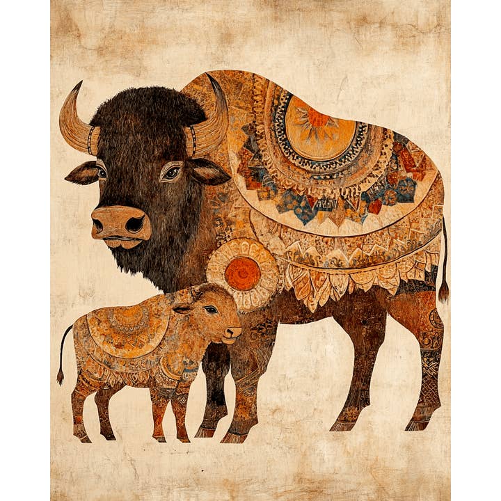 Mowbi - Wholesale Art print - BOHO Bison Baby with Mother - Animal Mothers & Babies Wall Art Prints – 8″x10″ Artwork for 11″x14″ Frame