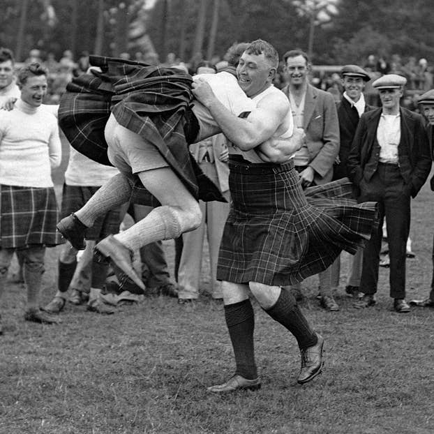 Swirling kilts blank greetings card for wholesale by Inky Blue Ltd t/a Holy Mackerel