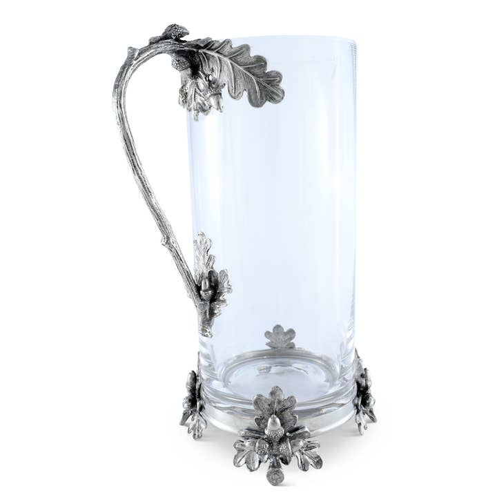 Glass Pitcher Pewter Acorn & Oak Leaf Handle for wholesale by Vagabond House