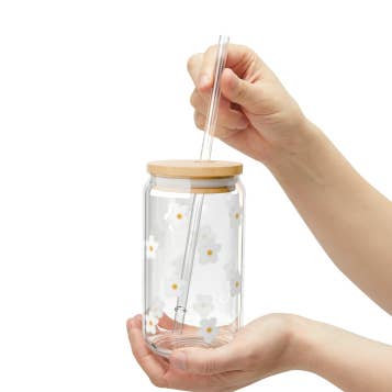 16 Oz Daisies Glass Can Cup With Bamboo Lid and Tritan Straw for wholesale by Joy Vogel Boutique