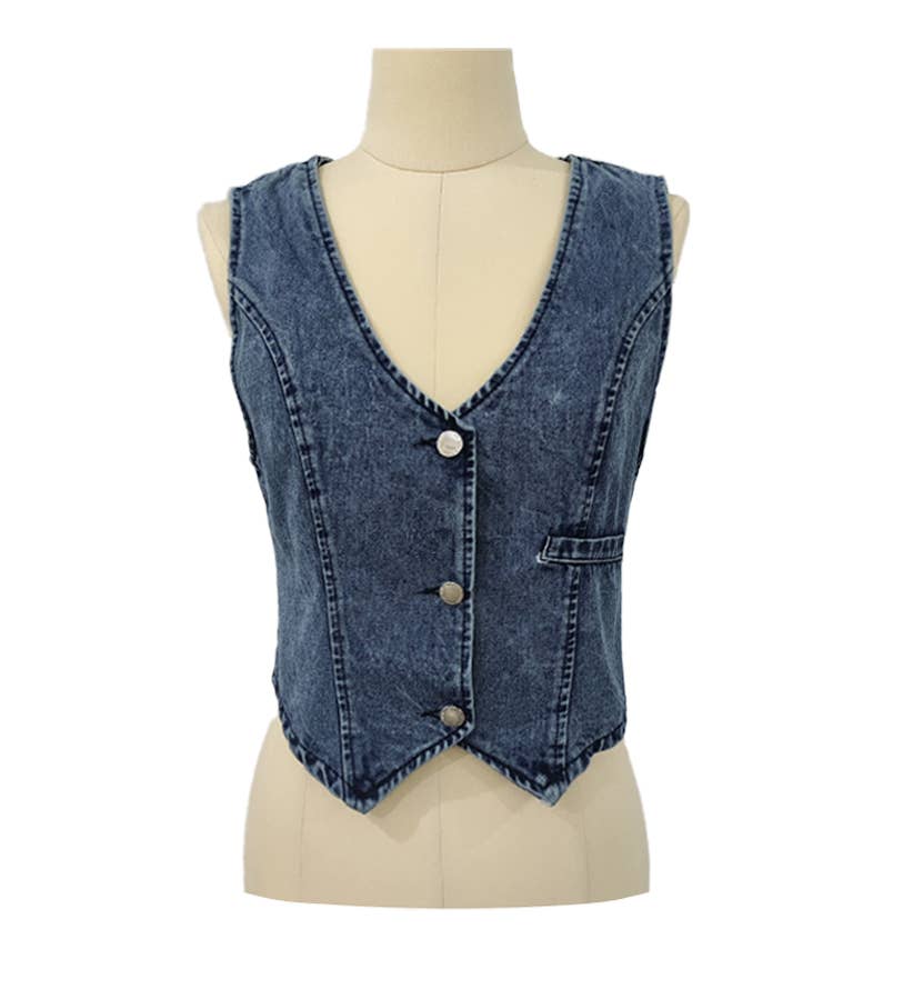 Rosa Clothing - Wholesale Tank Top - Women's - Hottie Western Single-Breasted V-Neck Denim Tank Top1