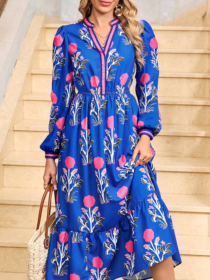 Robe à ourlet à volants, manches longues, col fendu, à rayures imprimées pour la vente par FULL TIME PURCHASE