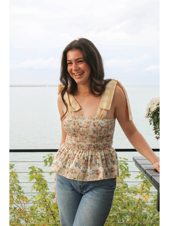 hey friends - Wholesale Blouse - Women's - Floral & Gingham Peplum Top Bow Straps - Made in the USA7