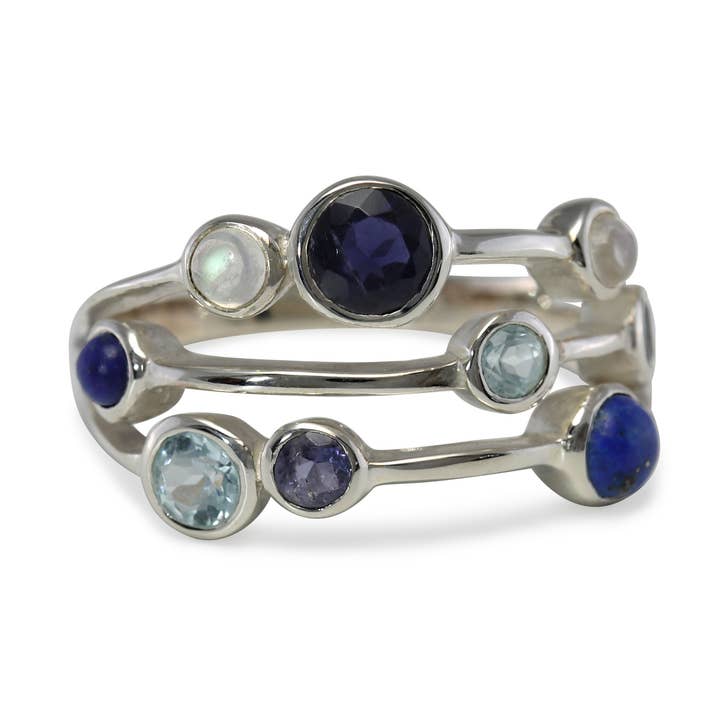 Anillo de Iolita Multibanda, Topacio Azul, Piedra de Luna y Lapislázuli para venta al por mayor de Banyan Jewellery