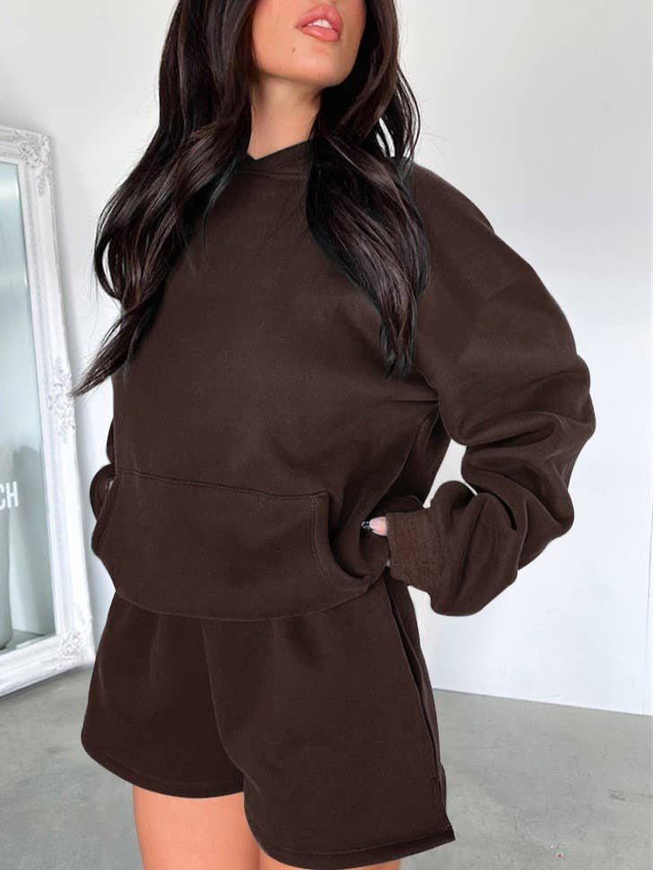 HIDDENBRAND - Wholesale Lounge Set - Women's - basic pocket hoodie &  drawstring short set outfits5