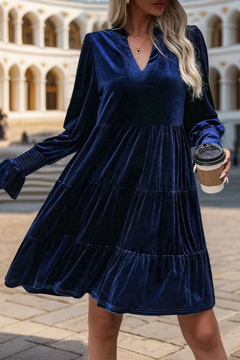 NINEXIS - Wholesale Dress - Women's - CWDMD3552_V-NECK LONG-SLEEVED SOLID COLOR VELVET DRESS8