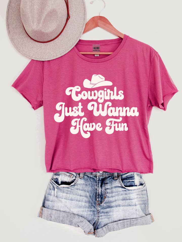 Cowgirls Just Wanna Have Fun Crop Graphic Tee - Fuchsia for wholesale by Ali Dee