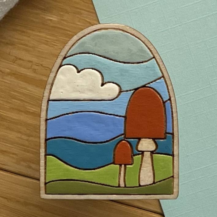 Wooden Pin- Stained Glass Mushie Hill for wholesale by With Love Jessi P