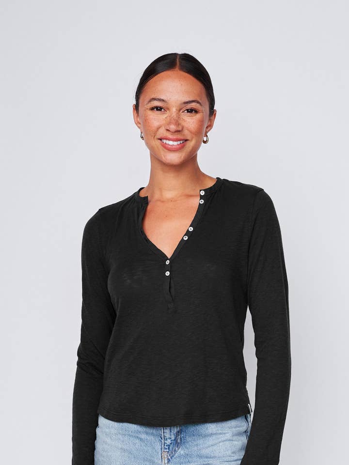 Supima Slub Jersey Henley in Black for wholesale by Stateside