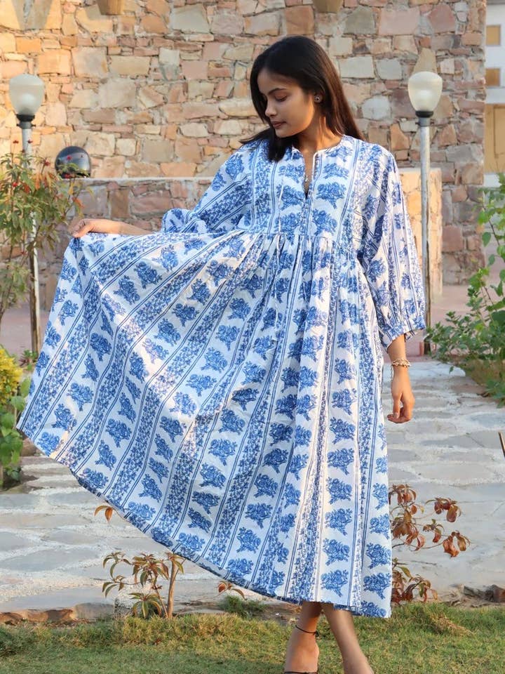 bhavnas boutique - Wholesale Dress - Women's - Long Block Printed Midi Dress Deep Neck with String Closer