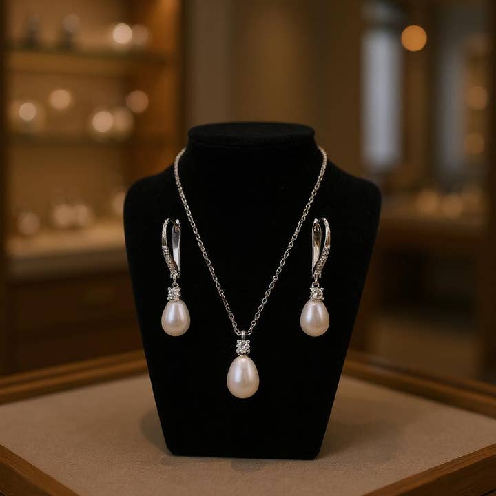 Athena Bridal Jewellery – wholesale Jewellery set – CZ COLLECTION - EXQUISITE FRESHWATER PEARL SET -CZNK219 SILV10