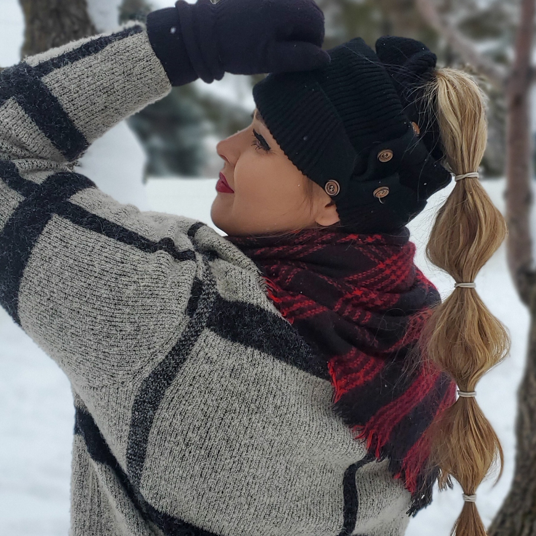 Red Sprite Hats - Wholesale Beanie - Women's - Button Up Beanie, Hidden Messy Bun Ponytail Winter Hat2