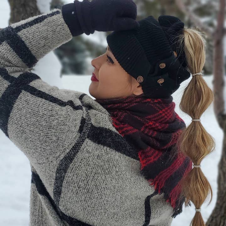 Red Sprite Hats - Wholesale Beanie - Women's - Button Up Beanie, Hidden Messy Bun Ponytail Winter Hat2