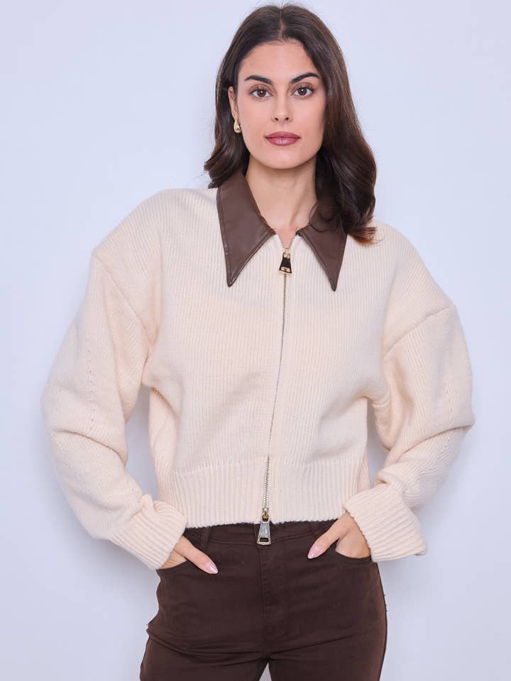 Zip-up sweater with leather collar for wholesale by KY CREATION PARIS